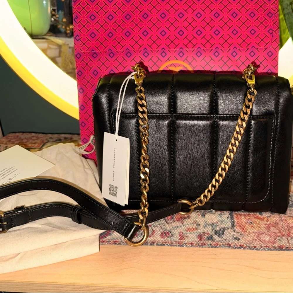 Tory Burch Kira Small Quilted Leather Top Handle Satchel Black Gold NWT - Picture 2 of 11